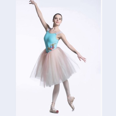 Light Blue And Pink Long Ballet Ballerina Dress,Flower Waist Romantic Tutus For Adult Girls Stage Performance Costumes